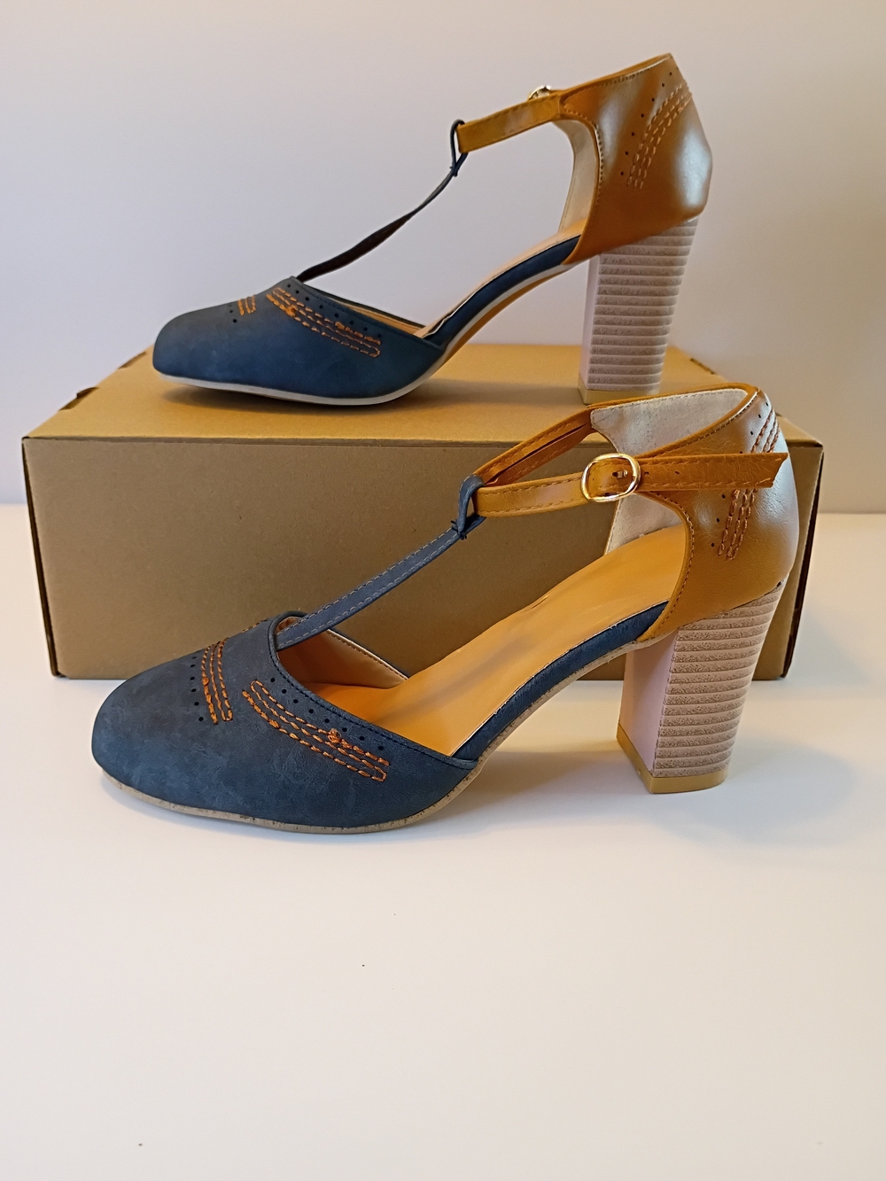 T-Strap Navy and Tan Block Heel Pumps